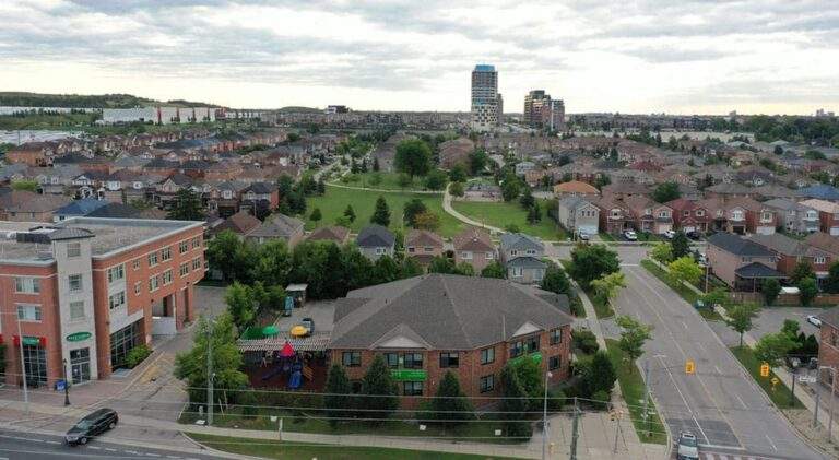 Aerial view of Vaughan, Ontario, showcasing a residential neighborhood with parks, tree-lined streets, commercial buildings, and modern high-rise developments in the distance.